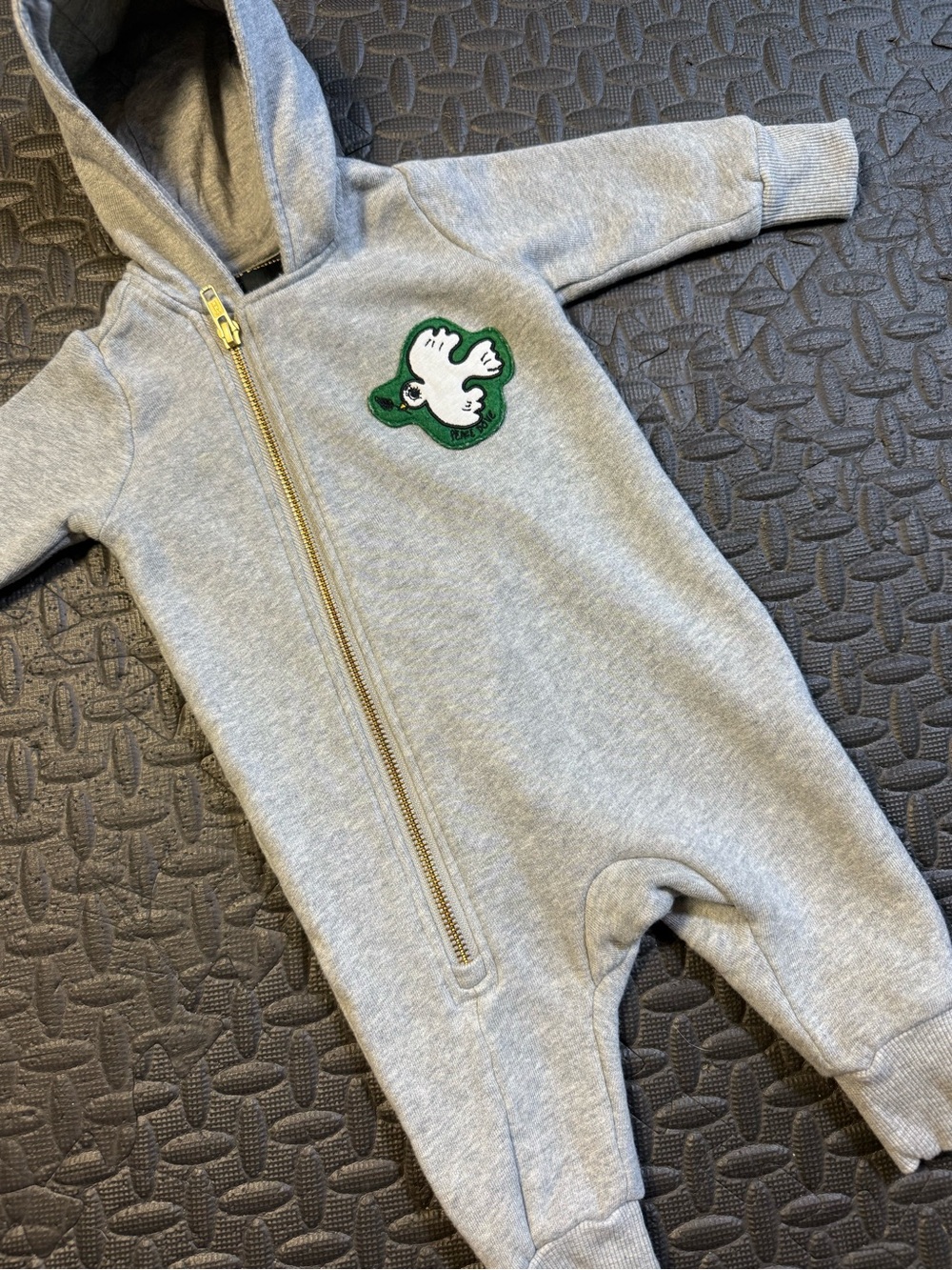 Mini Rodini Baby Gray Zip Romper Bird Patch 3-6 Months